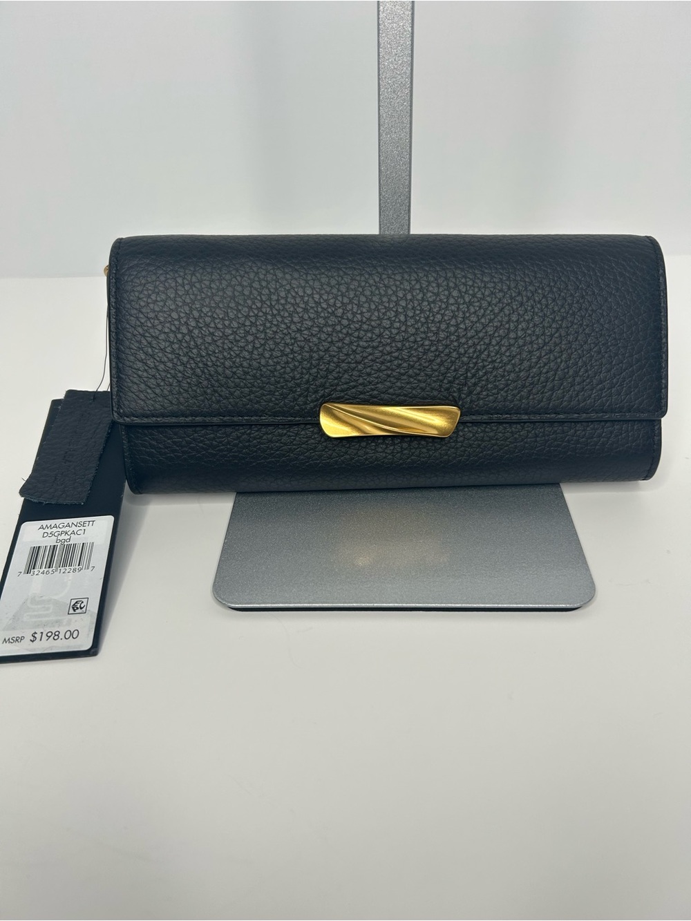 Donna Karan Amagansett Flap Wallet; Black Pebbled Leather Clutch with Gold Accen